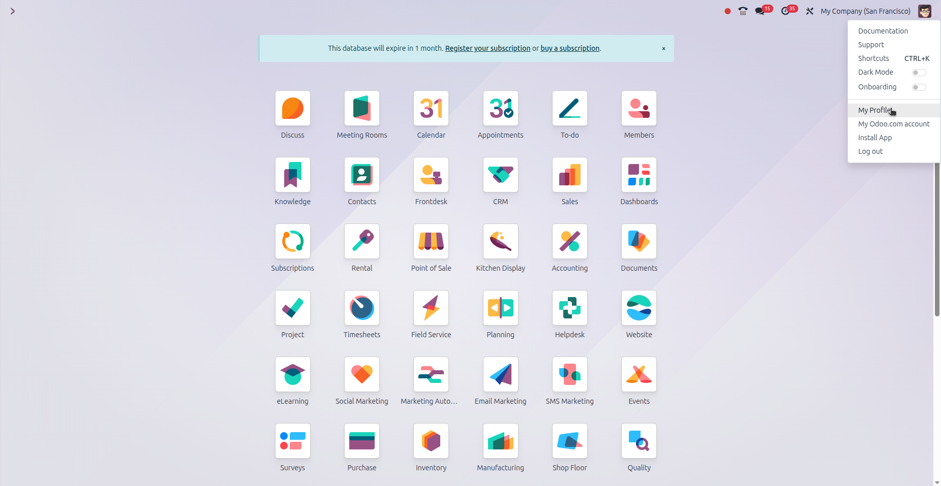 Odoo profile menu showing My Profile option