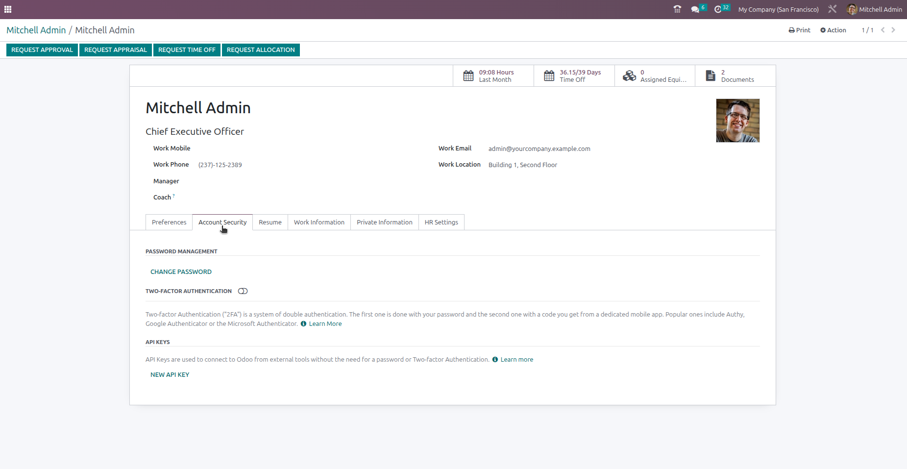 Account Security tab showing API Keys section in Odoo 16