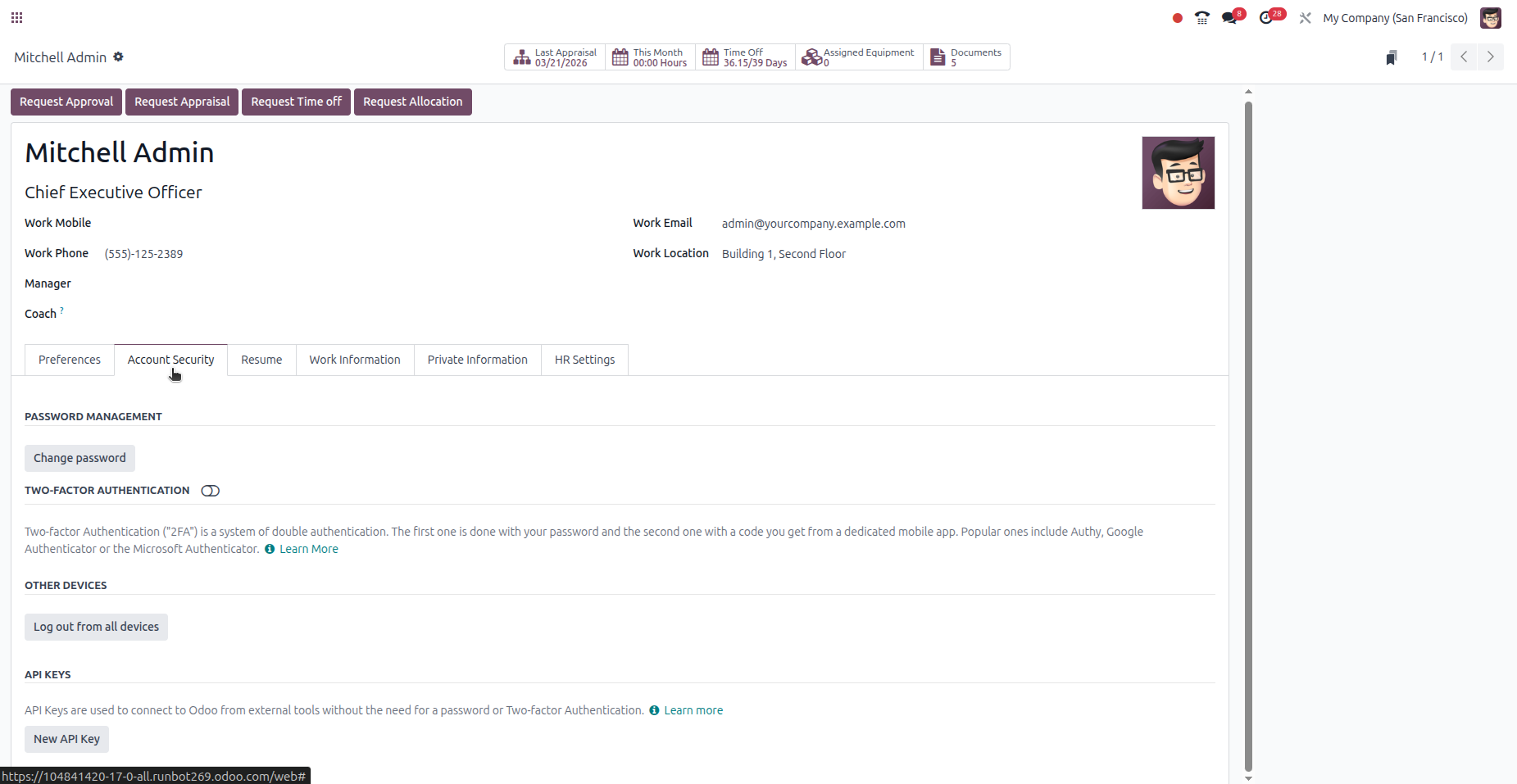 Account Security tab showing API Keys section in Odoo 17