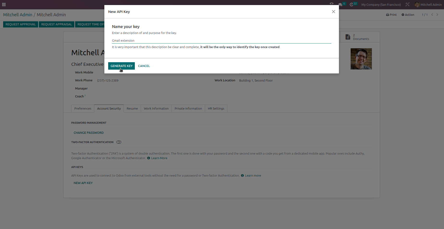 API Key creation wizard in Odoo 16