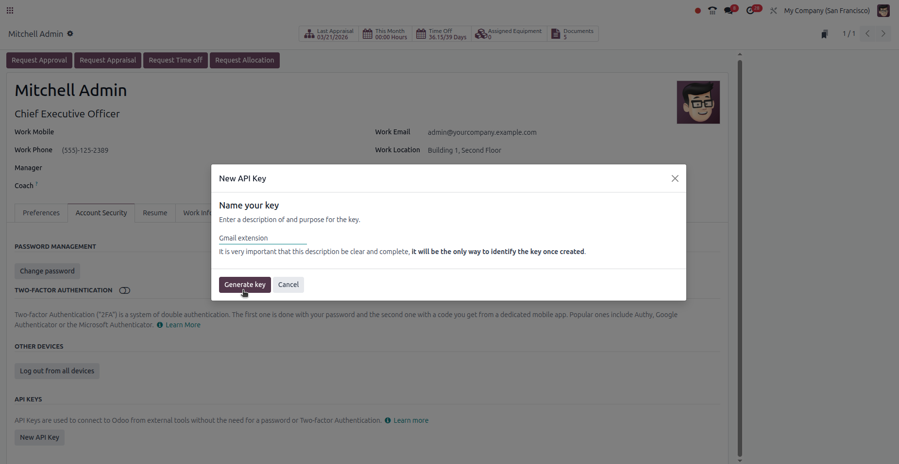API Key creation wizard in Odoo 17