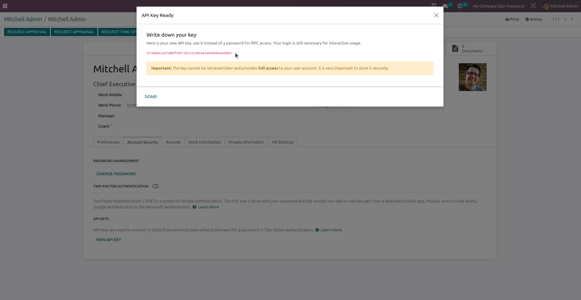 Generated API key in Odoo 16