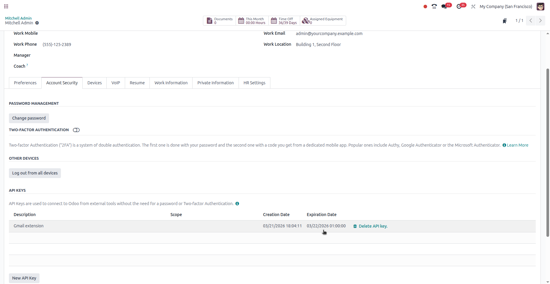 Account Security tab showing API Keys with expiration date column in Odoo 18