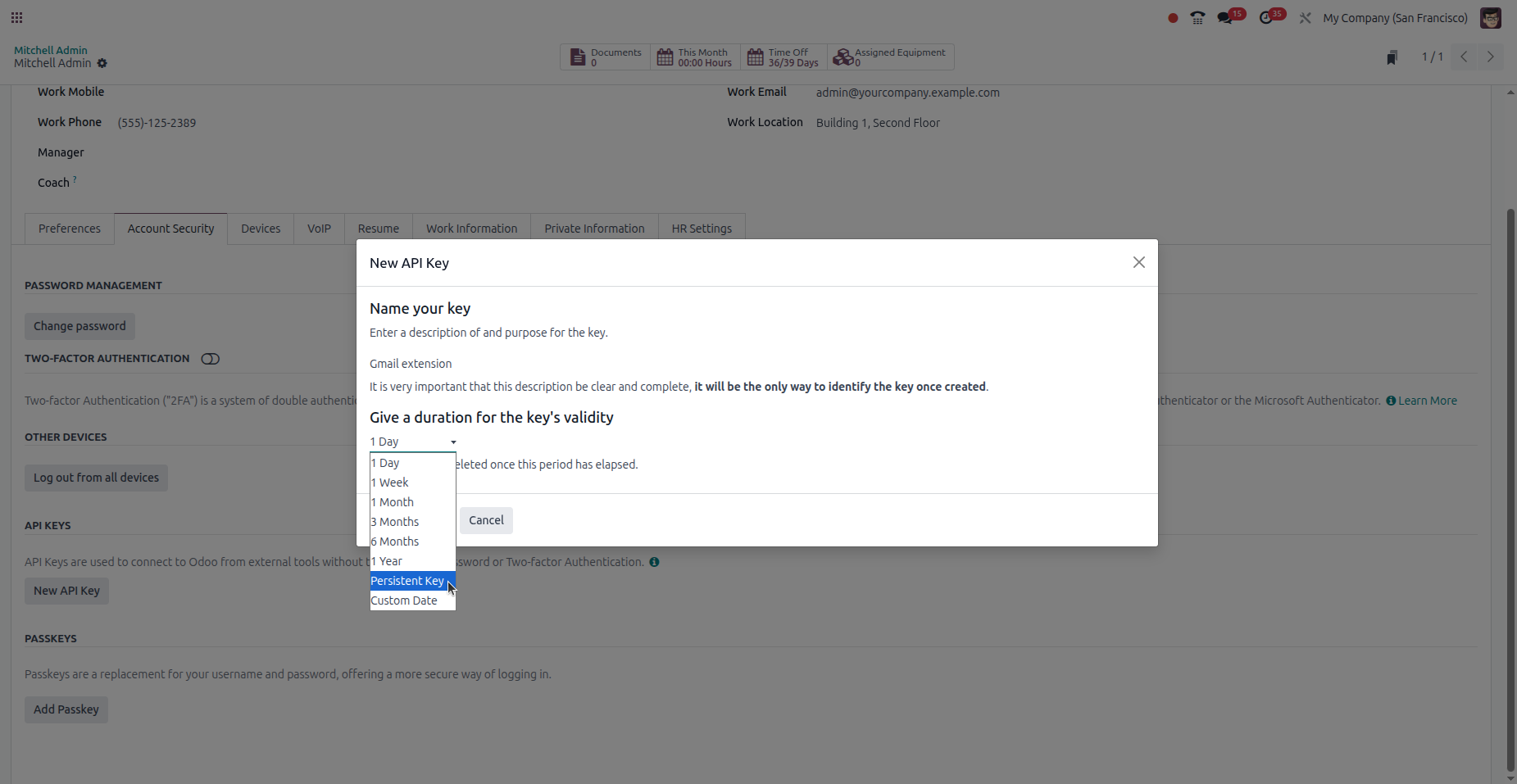 API Key creation wizard with duration selector in Odoo 18