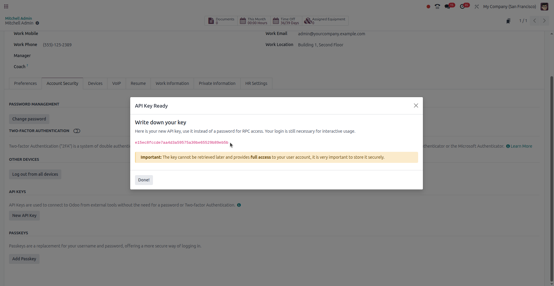 Generated API key in Odoo 18